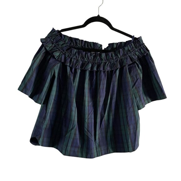 Vineyard Vines Tops - Vineyard Vines Women L Deep Bay Blackwatch Plaid Off The Shoulder Poplin Top NWT